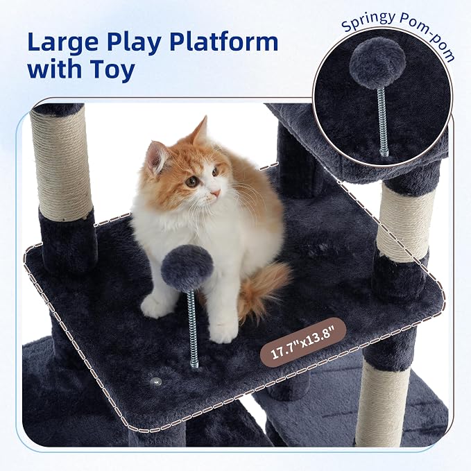 Gitelsnour 55.1'' Cat Tree Tower for Indoor Cats, Large Platform, CCT013G | 7 Sisal Scratching Posts, Multi-level Cat Condo Cat Cave, 2 Padded Perches, Basket, Furry Ball, Toy, Smoky Gray