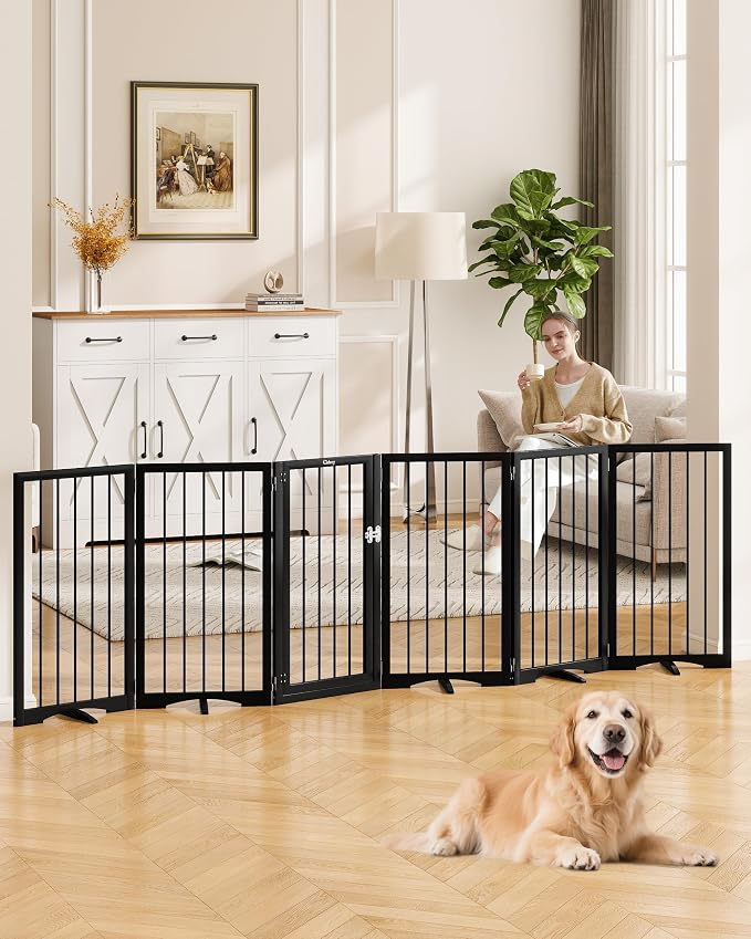 32" Extra Tall Free Standing Dog Gate Indoor, Foldable Pet Gate | for Doorways Stairs, 6-Panel Dog Gate with Door No Drilling, Folding Puppy Gate with Support Feet for Stability, 106"x32"