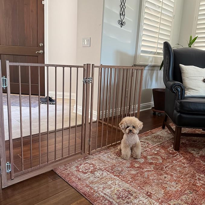 No Pawblems Full Metal Freestanding Dog Gate with Door, 30" Tall | Foldable Pet & Dog Fence for Stairs/Deck/Doorways, Indoor/Outdoor, Freestanding & Wall Mount, 156" Wide, 6 Panels, Brown