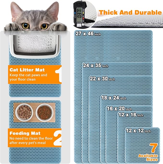 Cat Litter Mat 12"x18",Double Layer EVA litterbox Mat, Blue | Waterproof honeycomb large grid, urine-proof and odor-free. Traps litter, easy cleanup,Washable, non-slip backing