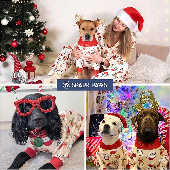 Spark Paws Dog Christmas Pajama, Dog Recovery Suit Male, Onesie, Ultra-Soft and 4-Way Stretch, for Small Medium and Large Breeds - Santa and Rudolph - S