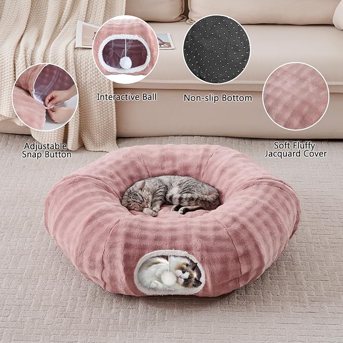 Bubble Round Cat Tunnel for Indoor Cats, Dusty Pink | Peekaboo Cave Toy with Dangling Balls, Donut Tunnel Bed with Circle Mat for Puppy Kitten Rabbit