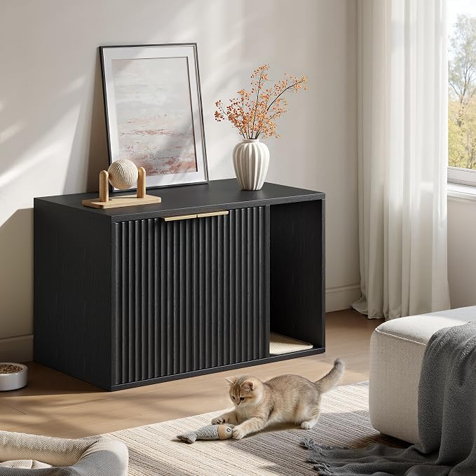 Evermagin 31.5" Cat Litter Box Enclosure Furniture with Cat Scratch Pad | Black Hidden Litter Box Cabinet, Modern Indoor Cat House, Large Fluted Kitty End Table for Living Room, Bedroom, Entryway