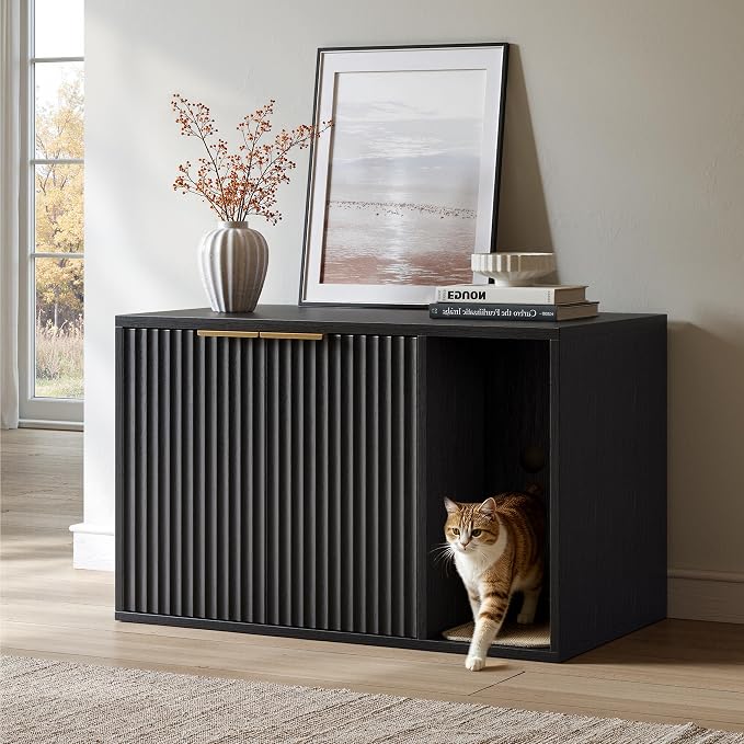 Evermagin 31.5" Cat Litter Box Enclosure Furniture with Cat Scratch Pad | Black Hidden Litter Box Cabinet, Modern Indoor Cat House, Large Fluted Kitty End Table for Living Room, Bedroom, Entryway