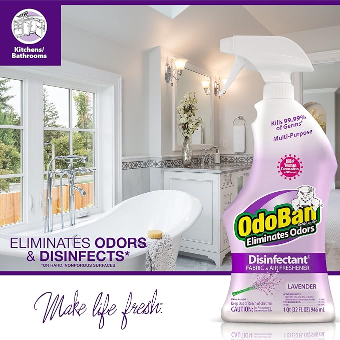 OdoBan Ready-to-Use Disinfectant and Odor Eliminator, Set of 3 Spray Bottles, 32 Ounces Each, Lavender Scent