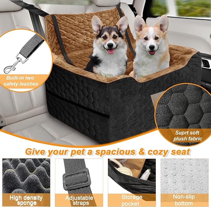 Dog Car Seat for Medium/Large Dog Booster Seat Under 60 lbs or 2 Small Dogs, Multi-Functional Pet Car Seat with Thick Cushion, 2 Safety Leashes(BlackBrown)