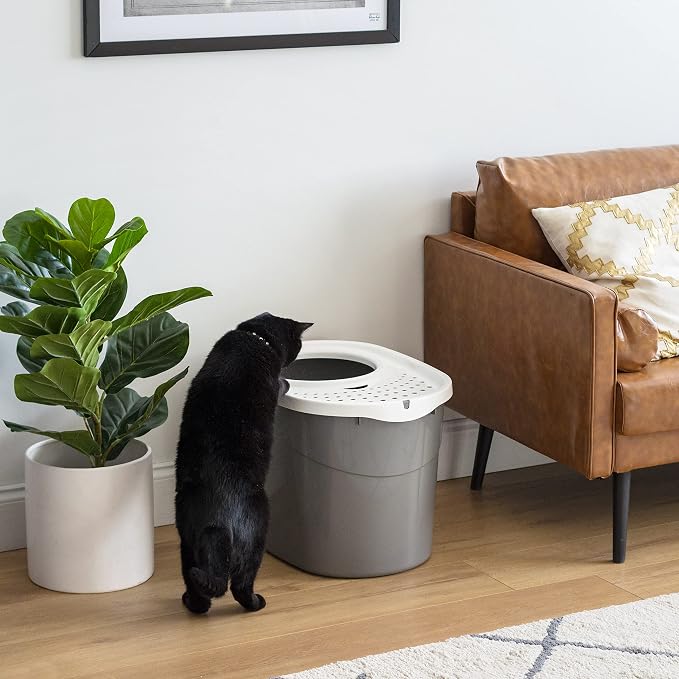 IRIS USA Large Top Entry Cat Litter Box, Hooded Privacy, Gray/White | Multi-Cat Households, Dog Proof Pan, Protected Interior, Enclosed Top Access, Reduced Tracking, Odor Trapping