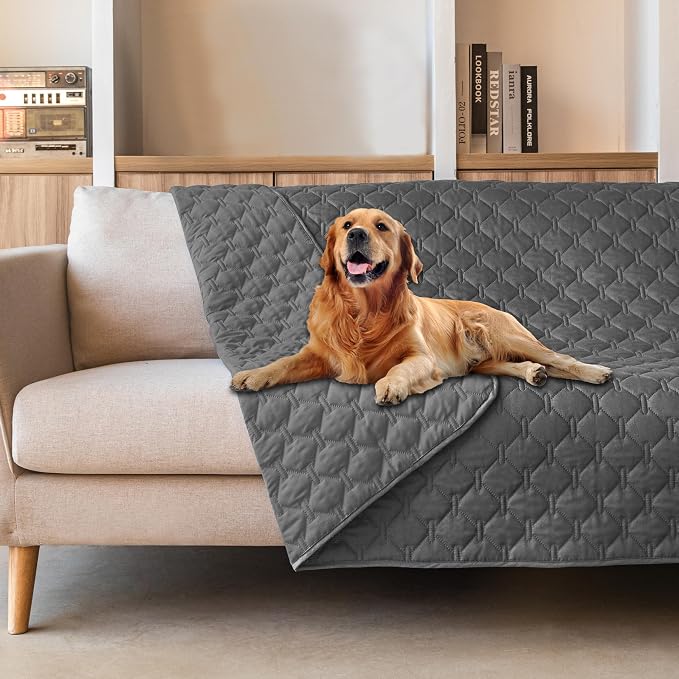 gogobunny 3X Stronger Waterproof Pet Blanket, Scratch Proof Furniture Protector for Dogs Cats, Reversible Cover 82x82 Inch, Dark Grey