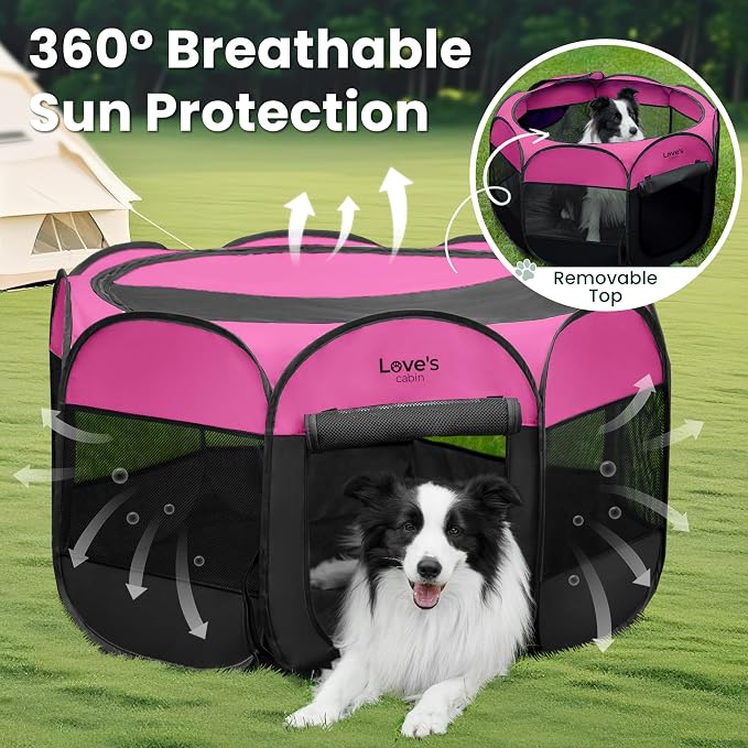 Love's cabin Pet Puppy Dog Playpen, Medium Dog Tent Crates Cage Indoor/Outdoor, Portable Playpen for Cat, Foldable Pop Up Dog Kennel Playpen with Carring Case, Removable Zipper Top, Pink