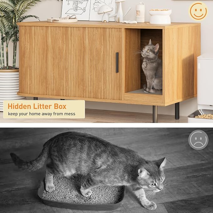 Halitaa 37.4" Cat Litter Box Enclosure with Scratch Pad, Sliding Door | Litter Box Enclosure Furniture Hidden Litter Box, Modern Indoor Cat House, TV Stand, Side End Table for Living Room, Natural
