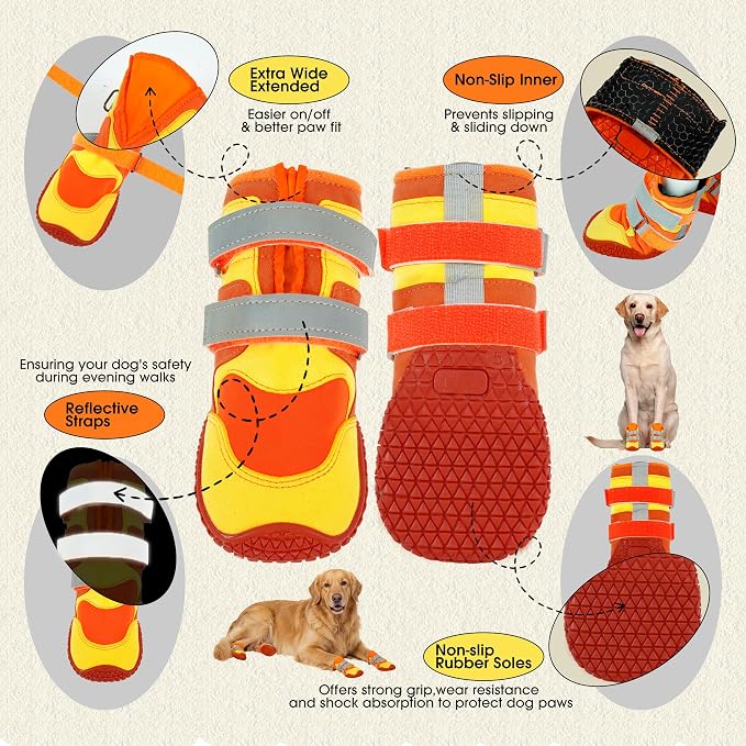 Lelepet 4pcs Dog Shoes for Hot Pavement,Dog Booties for Large Size Dogs | Reflective Paw Protector for Outdoor Walking/Hiking,Anti-Slip Puppy Shoes with Secure Double-Straps,Orange,XXL