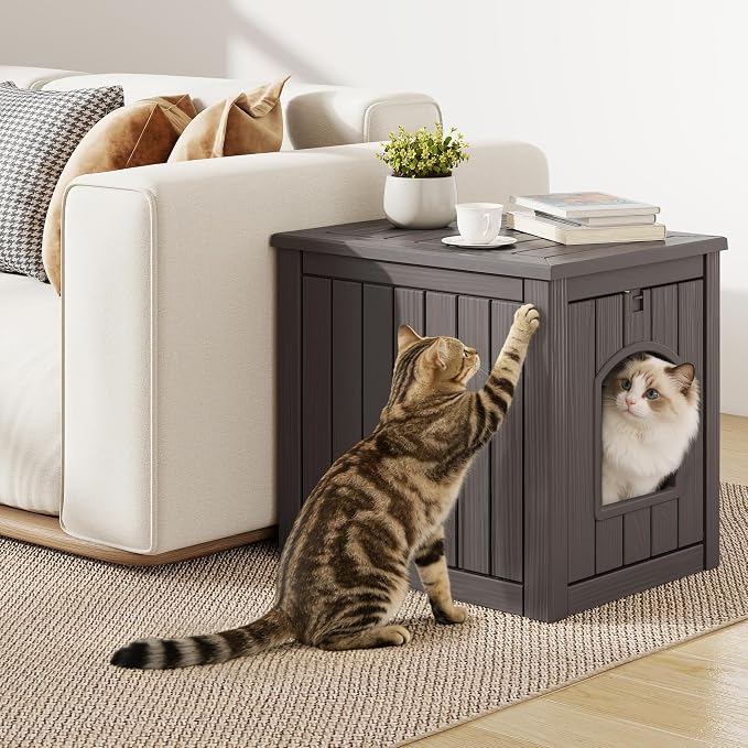 Cat Litter Box Enclosure, Multi-Functional Enclosed Cat Litter Box Furniture, Outdoor Cat House Weatherproof, Openable Front Door & Raised Floor, Easy to Clean & Assemble, Grey