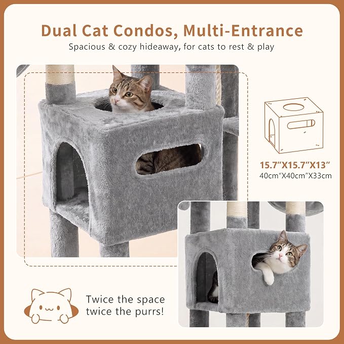 Heybly Cat Tree, 74.8-Inch Spacious & Tall Cat Tower for Large Cats HCT062W | Cat Furniture with Large Top Perch, Solid Base, 2 Cat Condos, Hanging Hammock, Durable Sisal Scratching Posts, Light Gray