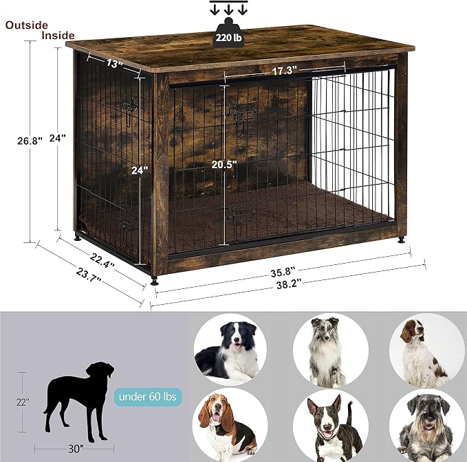DWANTON Dog Crate Furniture with Cushion, Wooden Kennel Table with Double Doors, Indoor Dog House, Large Size, 38.5" L, Rustic Brown