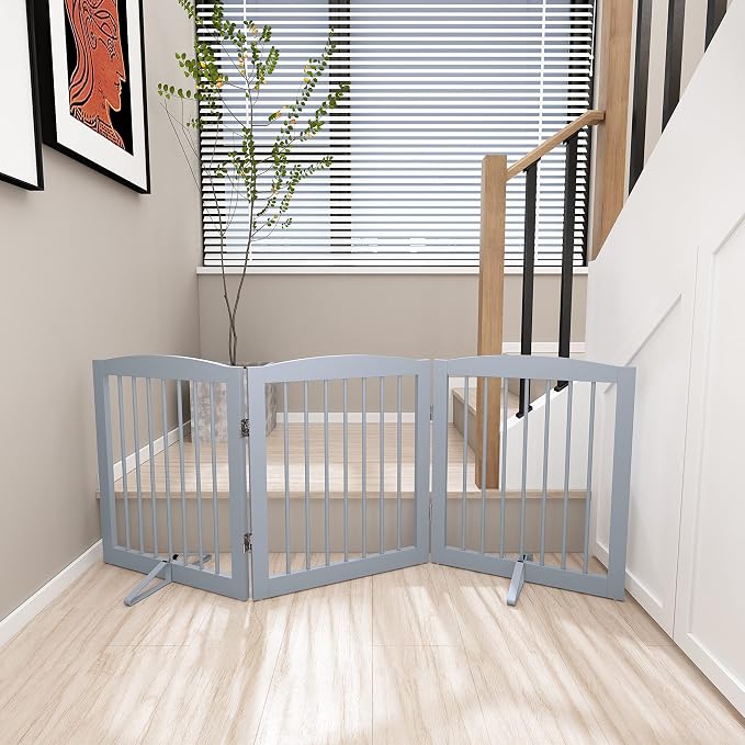PUPETPO Freestanding Pet Gate for Dogs, Foldable Wooden Dog Gate for House, Indoor Dog Gate for Doorways, Stairs, Gates for Dogs Indoor, Support Feet Included, 24" Height 3 Panels, Grey