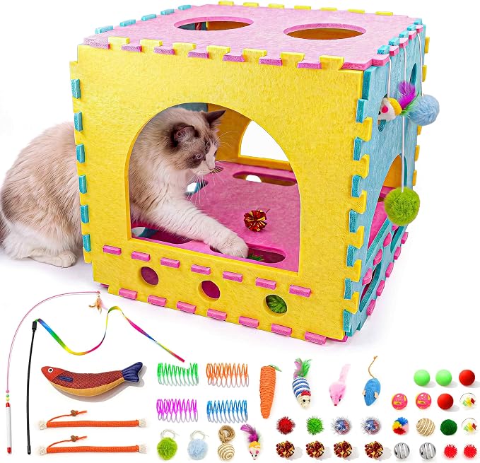Cat Houses for Indoor Cats, Cute Cat Bed Cave with Soft Pillow, Cat Cube for Multiple Large Cats, Fun Dice Shaped, 17 Inches