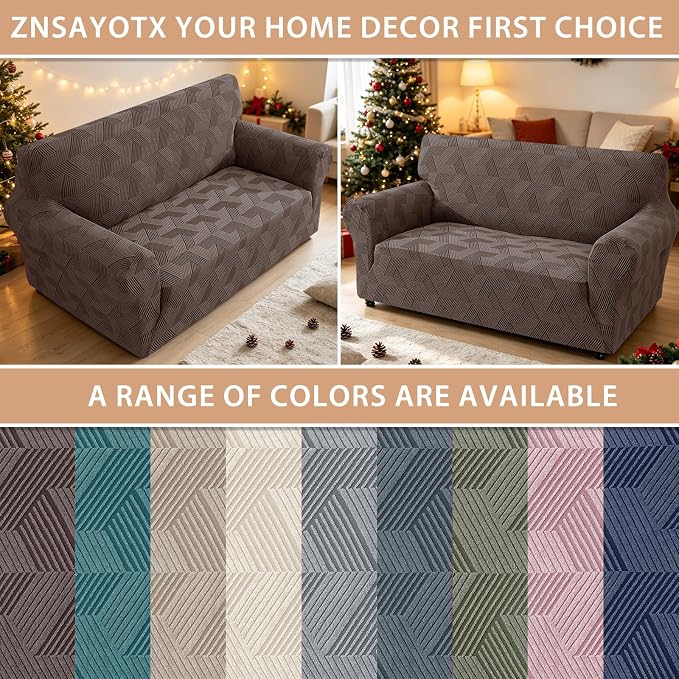 ZNSAYOTX Stretch Couch Covers for 2 Cushion Couch, 1-Piece Loveseat Covers Sofa Slipcover, Furniture Protector with Elastic Bottom for Dogs Geometrical Jacquard Fabric (Medium, Brown)