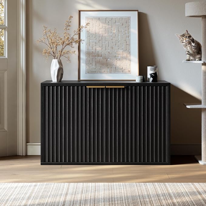 Evermagin 31.5" Cat Litter Box Enclosure Furniture | Black Hidden Litter Box Cabinet, Modern Indoor Cat House, Fluted Kitty End Table for Living Room, Bedroom, Entryway