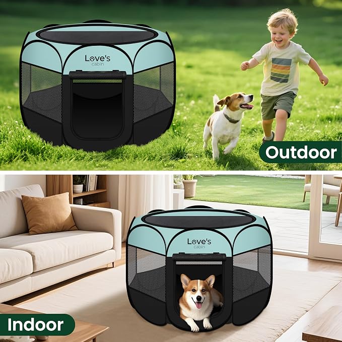 Love's cabin Pet Puppy Dog Playpen, Large Dog Tent Crates Cage Indoor/Outdoor, Portable Playpen for Cat, Foldable Pop Up Dog Kennel Playpen with Carring Case, Removable Zipper Top, Green