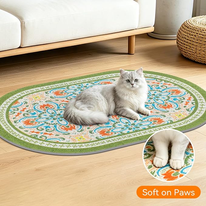 Cat Litter Mat, 24"x15" High Density PVC Litter Trapping Mat, Non-Slip, Waterproof & Urine-Proof Litters Catcher Mats, Keep Floor Clean, Soft on Kitten Paws, Cat Essentials Bean Green