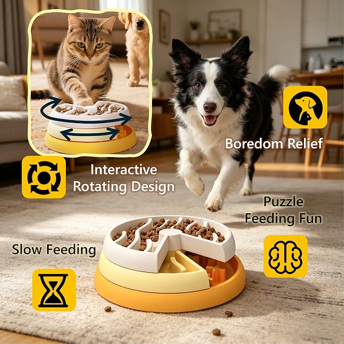 Raelynn Slow Feeder Dog Bowls, 3 Tiered Rotating Puzzle Bowl for Dogs | Interactive Puzzle Toy for Small/Medium Dogs and Cats, Thickened PP Material, Non-Slip Base Maze Feeder, Easy to Clean