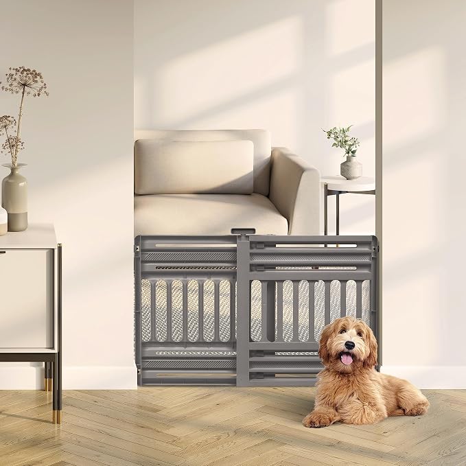 IRIS USA Pet Gate, Adjustable Width, Gray | Stair Safety, Pressure Mount System, Expandable Barrier, Walk-Through Design, One-Hand Open, No Drilling Needed