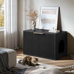 Evermagin 31.5" Cat Litter Box Enclosure Furniture | Black Hidden Litter Box Cabinet, Modern Indoor Cat House, Fluted Kitty End Table for Living Room, Bedroom, Entryway