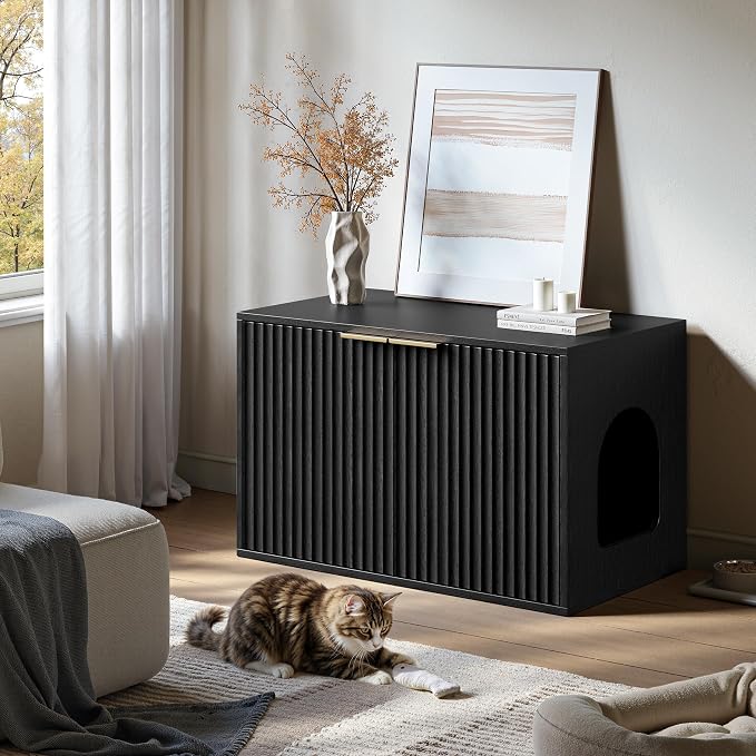 Evermagin 31.5" Cat Litter Box Enclosure Furniture | Black Hidden Litter Box Cabinet, Modern Indoor Cat House, Fluted Kitty End Table for Living Room, Bedroom, Entryway