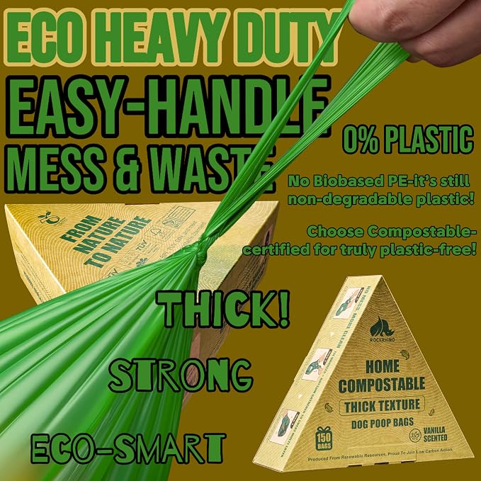 Ultra Thick & Deep RockRhino Dog Poop Bags for Large & XL Dogs | 4-Layer Interlocked Bottom, Certified Compostable | Vanilla Scent, 150 Bags, Easy Open Tie Handles | Fits Holder, Not Scooper