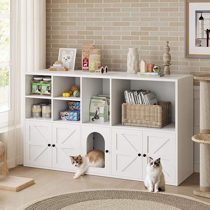 IRONCK Cat Litter Box Enclosure for 2 Cats, Hidden Litter Box Furniture | Double Litter Box Enclosure Cabinet with Double Room and Large Storage Space, Wooden Washroom Furniture, Cat House, White