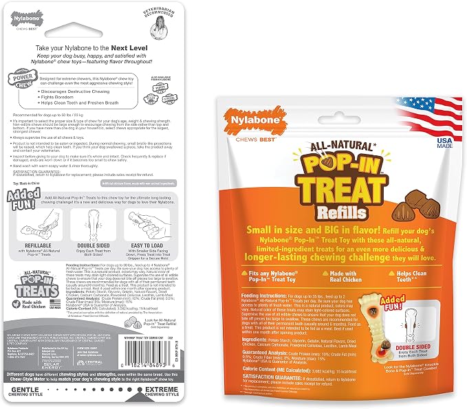 Nylabone Power Chew Knuckle Bone & Pop-in Dog Treat Toy & 30 Treat Refills | Large breeds, chicken flavor, all-natural treats, dog enrichment, interactive dog toys to keep them busy, dogs up to 50 lbs