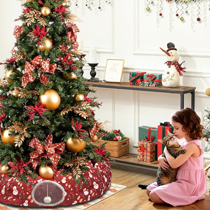 Cat Tunnel Bed in 3FT x 3FT x 9.8IN - Decorative Christmas Style with Snowman and Glove Patterns - Red Color Perfect for Festive Felines