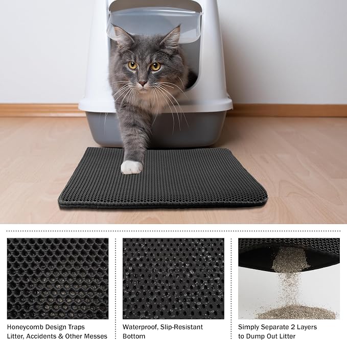 Cat Litter Mat - 24x15 Waterproof Litter Box Mat with Dual-Layer Honeycomb Design for Trapping Litter - Slip-Resistant Cat Mat by PETMAKER (Black)