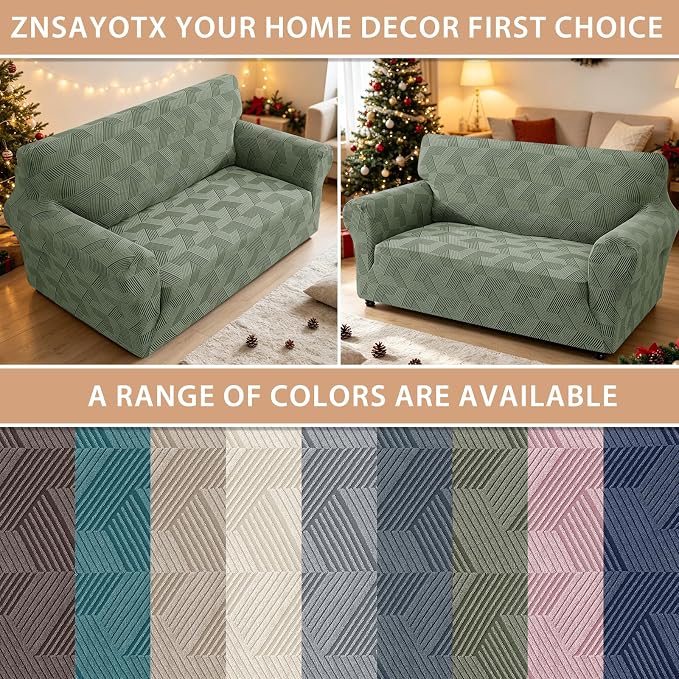 ZNSAYOTX Stretch Couch Covers for 2 Cushion Couch, 1-Piece Loveseat Covers Sofa Slipcover, Furniture Protector with Elastic Bottom for Dogs Geometrical Jacquard Fabric (Medium, Army Green)