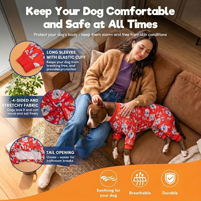 LovinPet Large Dogs PJS sweatshirt, Anti Licking, UV Protections Dog Shirt, Stretchy Comfortable Skin-friendly Fabric, Post Surgery Recovery Dog Pajamas, Red & Peach Floral Print, Onesies for Dogs,2XL