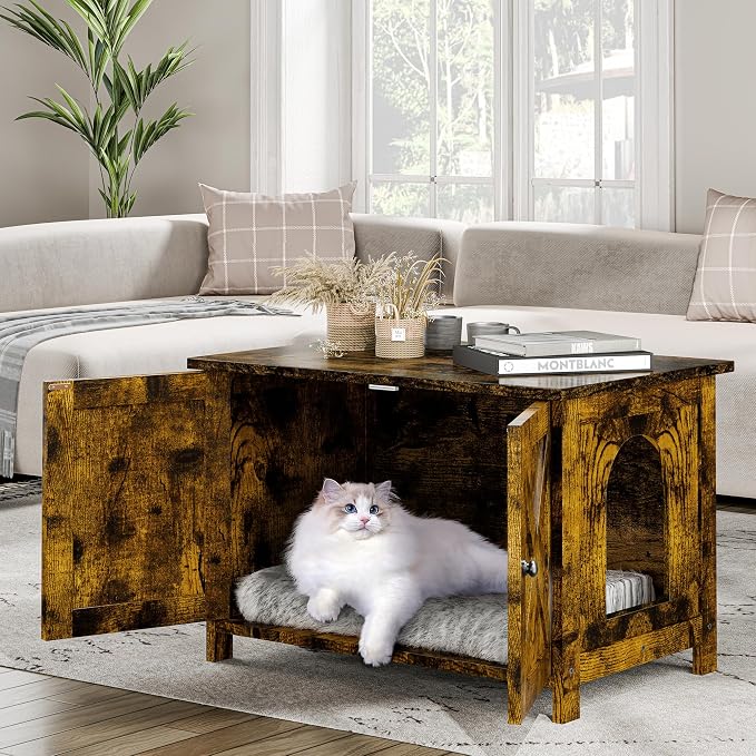 JY QAQA Cat Litter Box Enclosure,Litter Box Furniture Hidden with Barn Door,Wooden Cat Washroom Furniture,Cat House,Fit Most of Litter Box,Brown