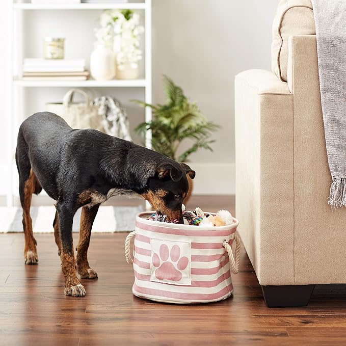 Bone Dry Pet Storage Collection Striped Paw Patch Bin, Rose, Small Round