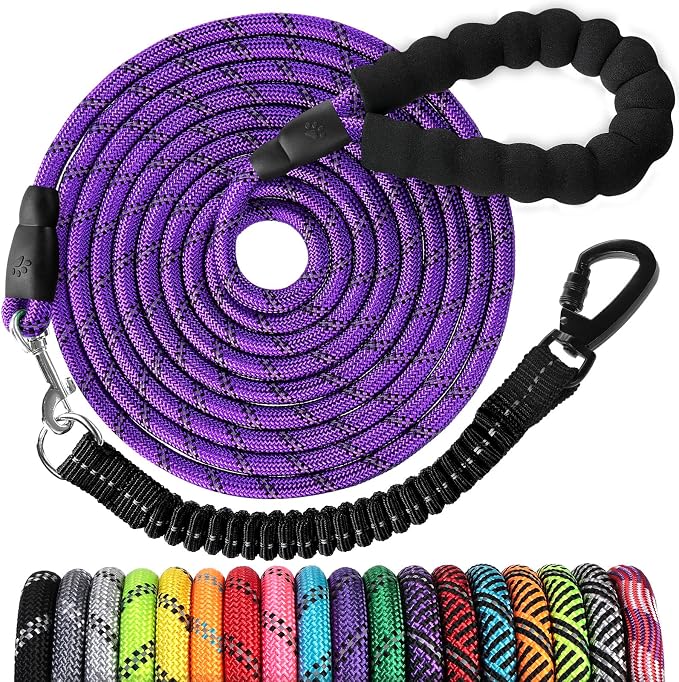 Long Dog Leash 15 FT: Heavy Duty Rope Leashes for Dogs Training with Swivel Lockable Hook Reflective Threads Bungee and Padded Handle - Dog Lead for Large Small Medium Dogs Outside Walking Hiking