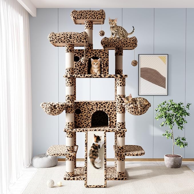 Allewie 82 Inches Large Cat Tree/House/XXL Tall Cat Towers for Big Feline/Scratching Post/Multi-Level Large Kitty Climbing Tree with Condo/Leopard Print