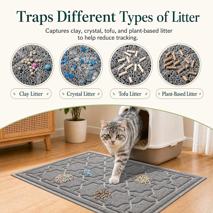 Yimobra Cat Litter Mat, Easy Clean Trapping PVC Mat, 35.4" x 23.6", Waterproof Backing, Non Slip Bottom, Scatter Control Pad for Litter Box, Dark Grey