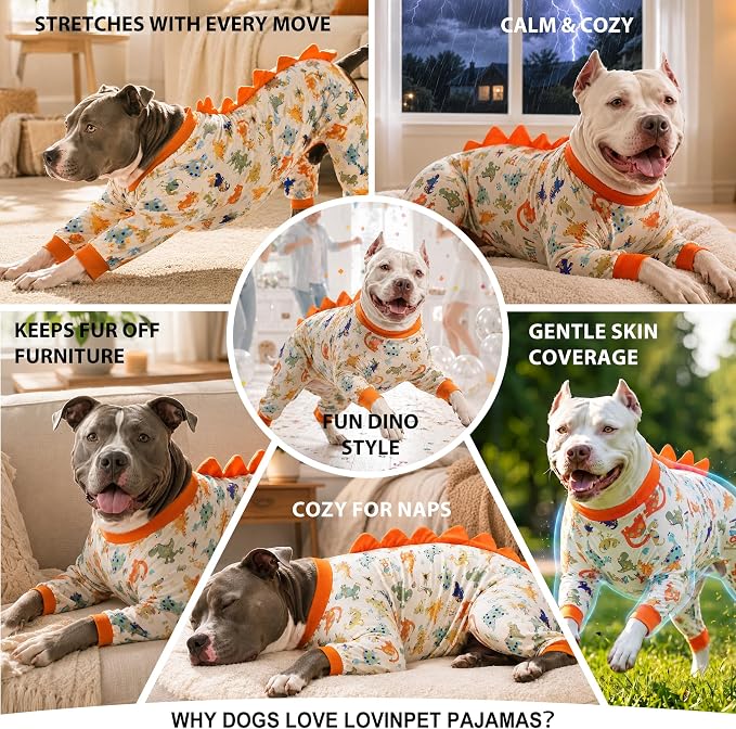 LovinPet Dog Pajamas Large Sized Dog, Recovery Wear, Lightweight Jurassic Knit, UV for Large Dogs/XL