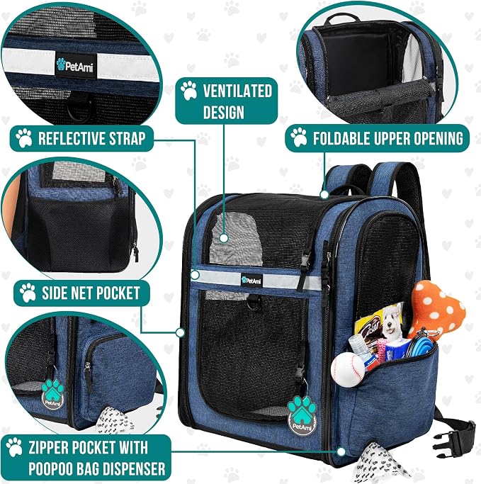 PetAmi Dog Backpack Carrier for Cats, 4-Way Entry Ventilated, 18lbs Max | Sherpa Bed Included, Foldable Load-In Top, Safety Reflective Strap, Breathable Mesh, Poop Bag Dispenser, Padded Back Support