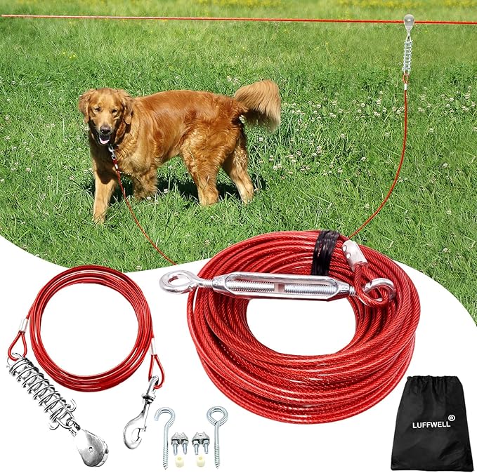 Dog Runner for Yard, Trolley System, 100FT+10FT, Red | Chew-resistant Cable, Shock Spring Softens Pulls, 360° Swivel Reduce Tangles