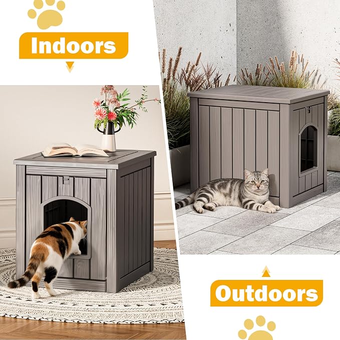 Cat Litter Box Enclosure, Multi-Functional Enclosed Cat Litter Box Furniture, Outdoor Cat House Weatherproof, Openable Front Door & Raised Floor, Easy to Clean & Assemble, Grey