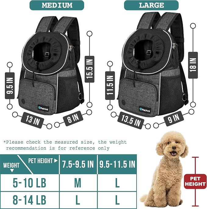 PetAmi Adjustable Dog & Cat Chest Carrier Backpack, Ventilated for Hiking & Camping, Small to Large Pets Up to 15 lbs, Dark Gray
