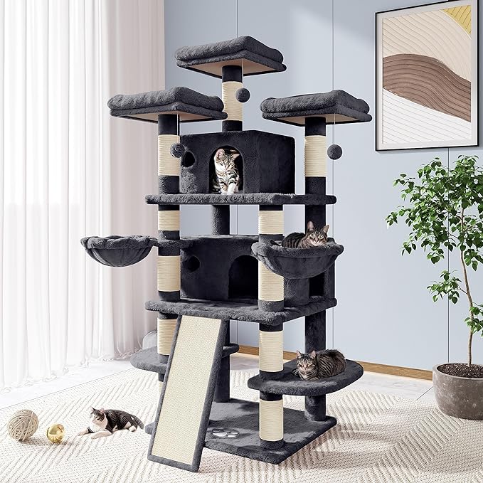 Allewie 68 Inches Cat Tree/House and Towers for Big Feline/Scratching Post/Multi-Level Large Kitty Climbing Tree with Condo/Smokey Grey