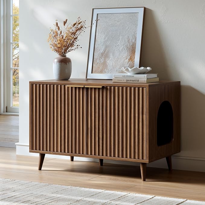 Evermagin 31.5" Cat Litter Box Enclosure Furniture with Legs | Walnut Hidden Litter Box Cabinet, Modern Indoor Cat House, Fluted Kitty End Table for Living Room, Bedroom, Entryway
