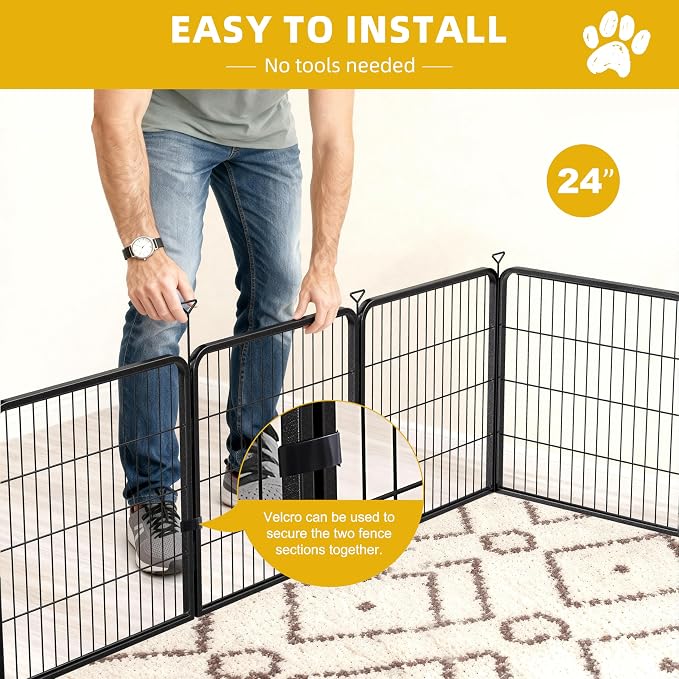 Heavy-Duty Iron Dog Playpen Outdoor Indoor,24 inch 8 Panels Dog Fences for RV Camping/Yard/Garden,Portable Dog Play Pen for Dogs,Puppies,Small Animals,Black Silver
