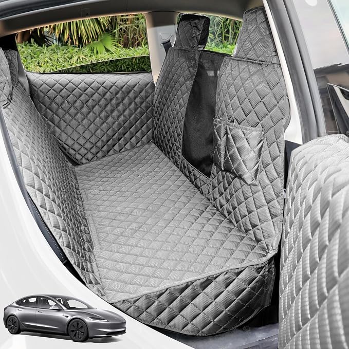 PETICON Dog Seat Covers for Tesla Model 3 & Y Back Seat with 2 Pack Door Protectors, 100% Waterproof Dog Hammock for Tesla with Mesh Window & Headrest Protection Prevents Scratches and Scuffs (Gray)