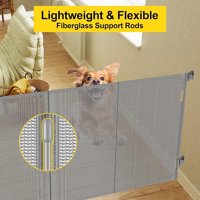 Reinforced 42” Extra Tall Pet Gate for Doorways, Extends up to 60” Wide, Extra Tall Retractable Baby Gates with Rods to Prevent Crawling Through Retractable Mesh Dog Gate Indoor Outdoor, Gray